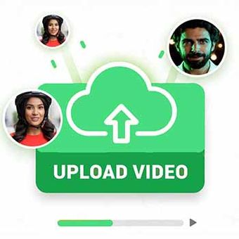 Upload video interface showing drag and drop area for video files from device or cloud storage with bulk upload support