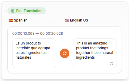 Side-by-side editor row showing a Spanish source segment with its timestamped English translation and fit score