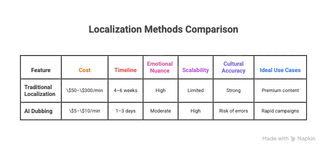Side-by-side comparison of traditional localization and AI dubbing across cost, timeline, and scalability