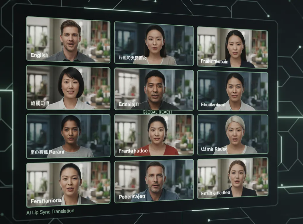 AI lip sync translation dashboard displaying multilingual video advertisements